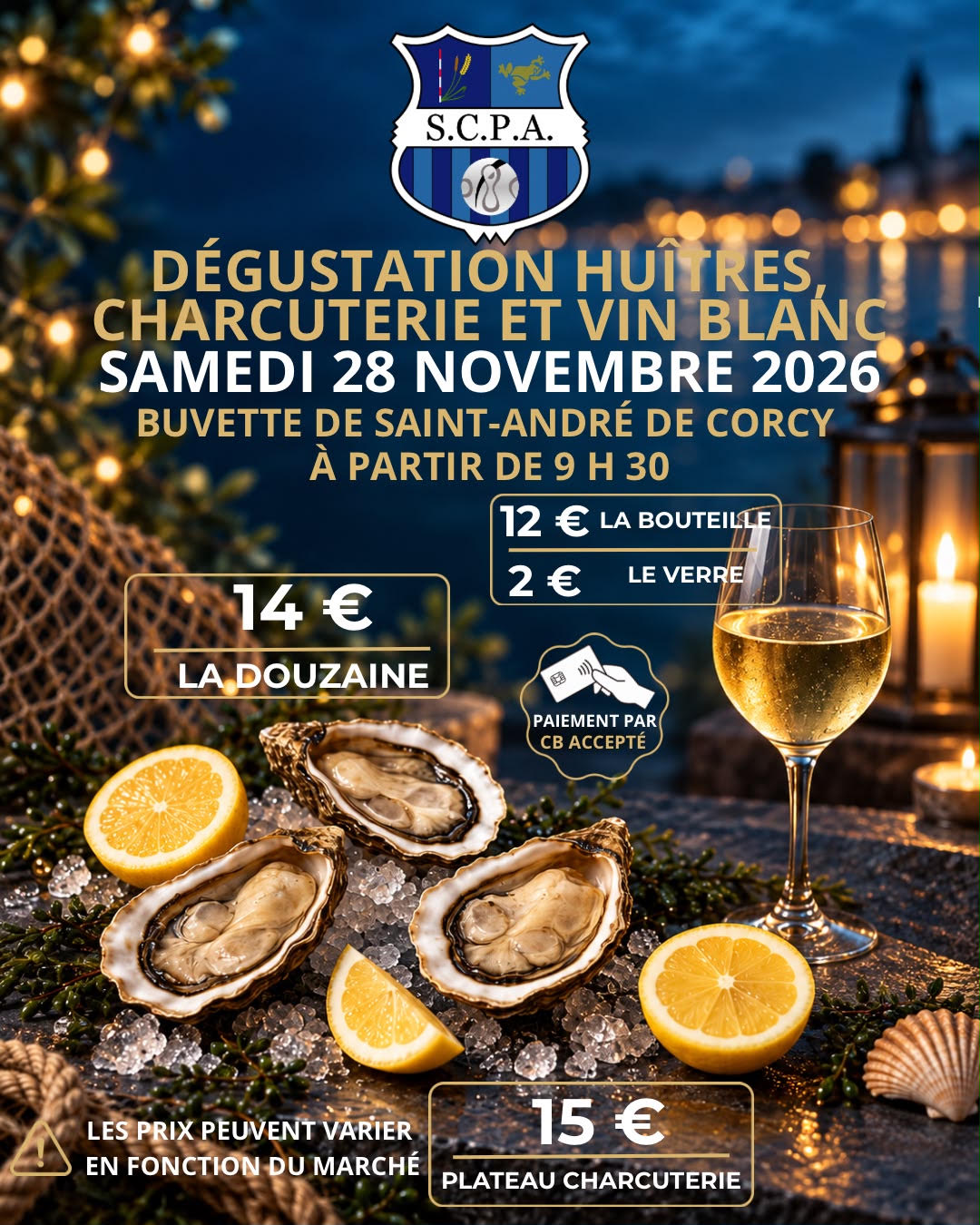 🦪 DÉGUSTATION D’HUÎTRES, CHARCUTERIE ET VIN BLANC DU SCPA